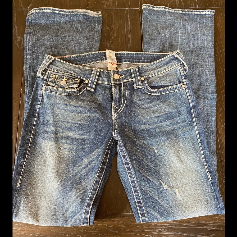 True Religion low rise boot cut jeans with crystal details